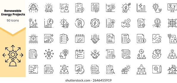 A collection of 50 line icons representing renewable energy projects, showcasing themes of sustainability, innovation, and environmental conservation.