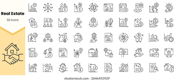 Una colección de 50 íconos de línea que representan varios conceptos en bienes raíces, incluyendo inversión, ventas y administración de propiedades, en un estilo limpio y moderno.