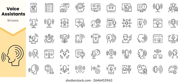 A collection of 50 line icons representing various voice assistant features, including smart devices, alarms, and messaging, suitable for tech-related projects.