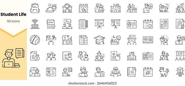 A collection of 50 line icons representing student life, showcasing academics, activities, and social elements relevant to education and campus experiences.