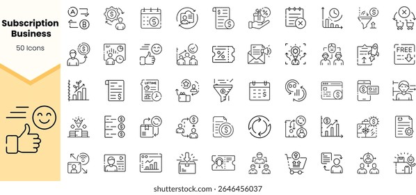 A collection of 50 line icons representing various aspects of a subscription business, including analytics, customer engagement, and service management.