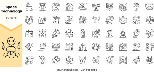 Uma coleção de 50 ícones de linha representando vários aspectos da tecnologia espacial, apresentando satélites, robôs e instrumentos científicos em um estilo minimalista.