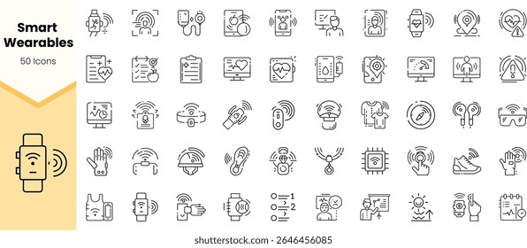A collection of 50 line icons representing smart wearables, showcasing various health and fitness technology features in a minimalist design.