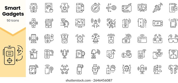 A collection of 50 line icons representing various smart gadgets, showcasing modern technology in a minimalistic design for digital usage.