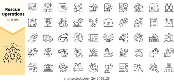 A collection of 50 line icons representing various rescue operations, including emergency services, communication tools, and medical supplies, conveying urgency and teamwork.
