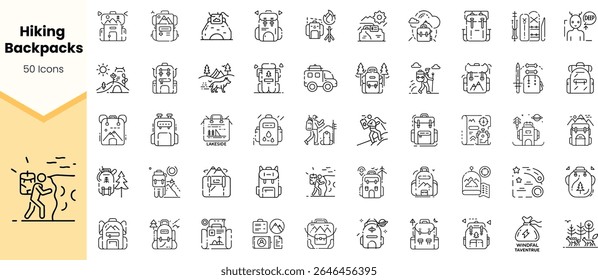 A collection of 50 line icons representing hiking backpacks, outdoor activities, and nature scenes, perfect for travel enthusiasts and adventure designs.
