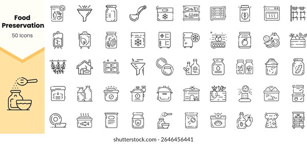 A collection of 50 line icons representing various food preservation methods, including jars, coolers, and other storage options for maintaining freshness.