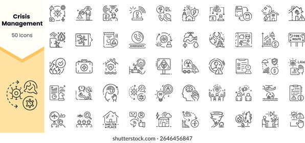 A collection of 50 line icons representing crisis management concepts, including emergency response, risk assessment, and safety protocols in a minimalistic style.