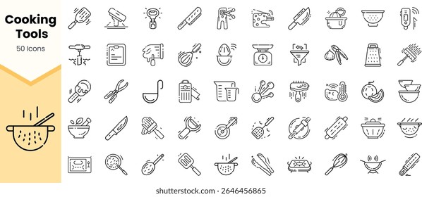 A collection of 50 line icons representing various cooking tools such as knives, bowls, and measuring instruments, creating a visually organized kitchen theme.