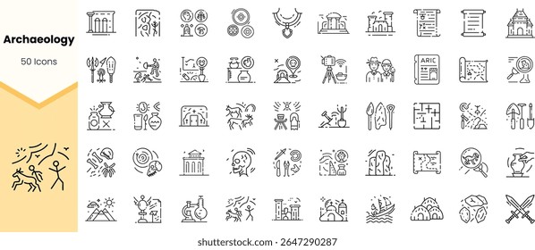 A collection of 50 line icons representing various elements of archaeology, including artifacts, excavation tools, and ancient symbols, perfect for educational use.