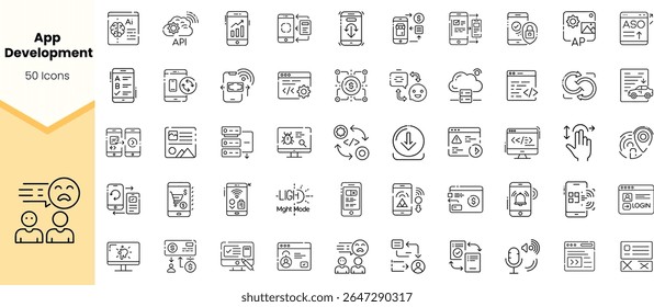 A collection of 50 line icons representing various aspects of app development, showcasing tools, processes, and features related to mobile applications.