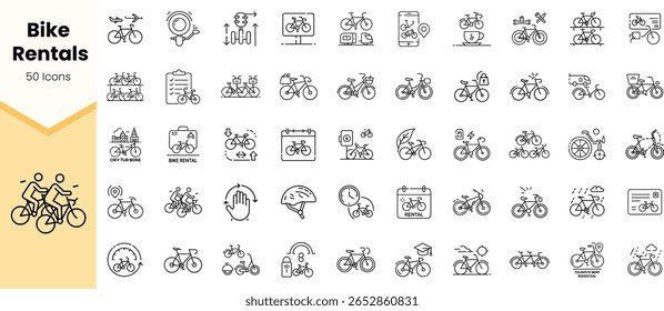 Una colección de 50 íconos de línea que representan los servicios de alquiler de bicicletas, mostrando varios aspectos de la bicicleta, como la reserva, el mantenimiento y el uso.