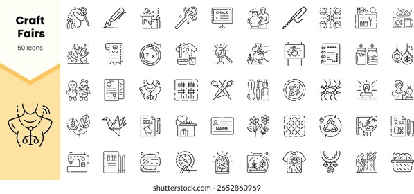 A collection of 50 line icons representing various craft fair activities, including DIY projects, art supplies, and creative events. Perfect for design and marketing.