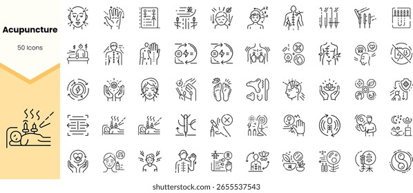 A collection of 50 line icons representing acupuncture concepts, including treatment sessions, therapeutic elements, and wellness practices, in a clean and modern design.