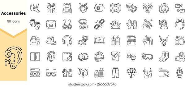 Uma coleção de 50 ícones de linha representando vários acessórios, incluindo joias, gadgets e bolsas, adequados para vários projetos de design.