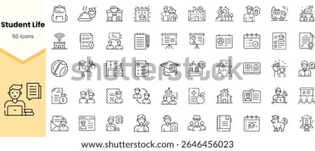 A collection of 50 line icons representing student life, showcasing academics, activities, and social elements relevant to education and campus experiences.