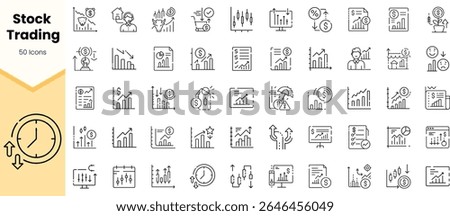 A collection of 50 line icons representing stock trading concepts, including charts, analysts, and financial symbols, showcasing a modern and professional aesthetic.
