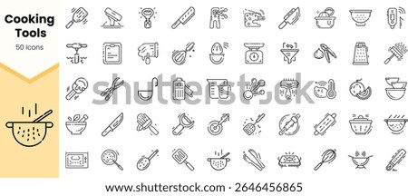 A collection of 50 line icons representing various cooking tools such as knives, bowls, and measuring instruments, creating a visually organized kitchen theme.