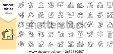A collection of 50 line icons representing smart city concepts, including technology, transportation, and urban living.