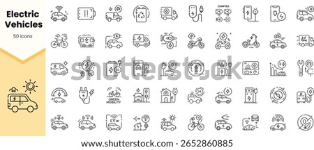 A collection of 50 line icons representing electric vehicles, charging stations, and sustainable mobility, showcasing modern transportation solutions.
