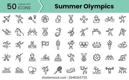 Uma coleção de 50 ícones lineares em preto e branco representando vários esportes e eventos dos Jogos Olímpicos de Verão, mostrando o atletismo e a competição.