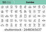 A collection of 50 linear dot icons depicting various Zumba activities, including dancing, fitness exercises, and music symbols, perfect for promoting an active lifestyle.