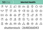 A collection of 50 linear dot icons representing various aspects of mental health, showcasing themes of wellness, support, and mindfulness in a modern design.