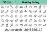 A collection of 50 linear dot icons representing healthy eating, showcasing various fruits, vegetables, and nutritious foods in a minimalist design.