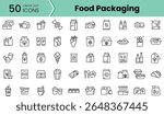 A collection of 50 linear dot icons representing various food packaging designs, including bottles, containers, and snacks, showcasing a modern, minimalist style.