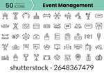 A collection of 50 linear dot icons related to event management, featuring symbols like trophies, invitations, and live performances in a minimalist style.
