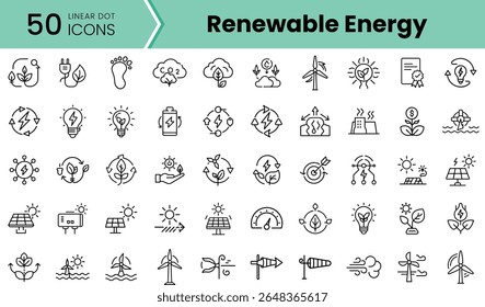 A collection of 50 linear dot icons representing renewable energy concepts, including solar panels, wind turbines, and eco-friendly symbols, perfect for environmental themes.