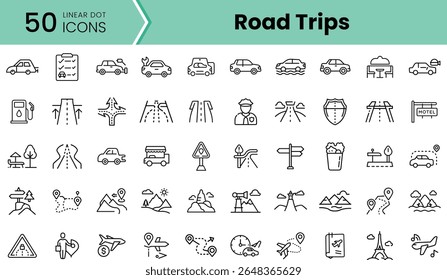 A collection of 50 linear dot icons showcasing elements of road trips, including cars, landscapes, and travel-related symbols, designed in a minimalist style.