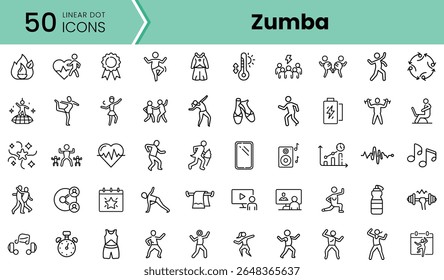 Uma coleção de 50 ícones de pontos lineares representando várias atividades da Zumba, incluindo dança, exercícios de fitness e símbolos musicais, perfeitos para promover um estilo de vida ativo.