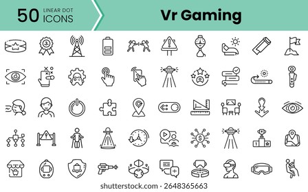 Uma coleção de 50 ícones de pontos lineares representando vários aspectos do jogo de RV, mostrando tecnologia e elementos de jogos em um design coeso.