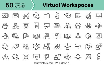Uma coleção de 50 ícones de pontos lineares representando vários elementos de espaços de trabalho virtuais, mostrando tecnologia, colaboração e ferramentas digitais em um design minimalista.