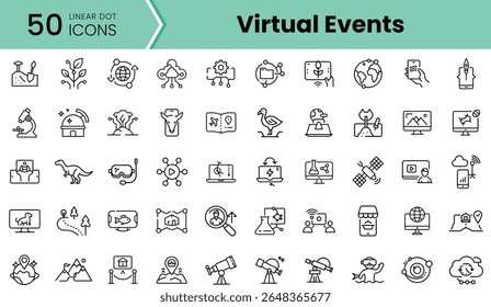 A collection of 50 linear dot icons representing various aspects of virtual events, including technology, collaboration, and nature, in a minimalist design.