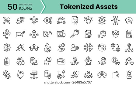 A collection of 50 linear dot icons representing tokenized assets, showcasing various themes such as security, transactions, and approvals in a minimalist style.