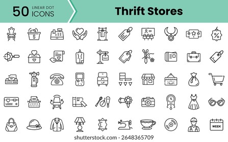A collection of 50 linear dot icons representing thrift store items, including clothing, accessories, and home goods, perfect for vintage shopping themes.