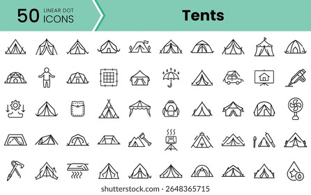 A collection of 50 linear dot icons featuring various tents, showcasing diverse shapes, sizes, and camping-related accessories, perfect for outdoor enthusiasts.