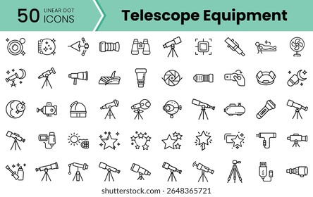 A collection of 50 linear dot icons representing telescope equipment, showcasing various astronomical tools and accessories in a minimalist style.