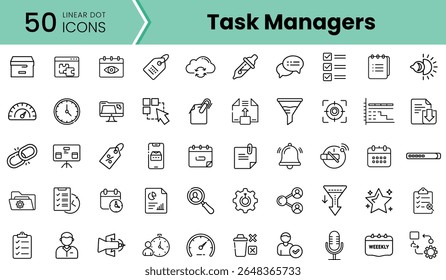 A collection of 50 linear dot icons representing task managers, showcasing various symbols related to productivity, organization, and management.