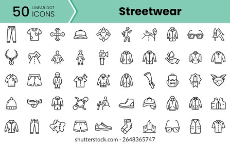 A collection of 50 linear dot icons showcasing stylish streetwear essentials, including various clothing items and accessories, in a minimalistic design.