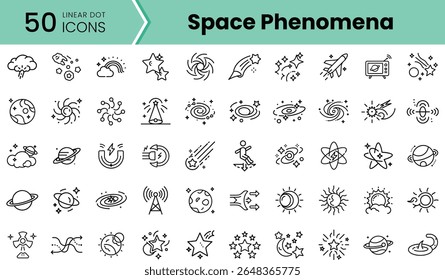 A collection of 50 linear dot icons depicting various space phenomena, showcasing elements like rockets, galaxies, and celestial bodies in a minimalistic design.