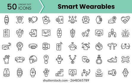 Uma coleção de 50 ícones de pontos lineares representando vestíveis inteligentes, mostrando vários dispositivos e aplicativos relacionados à saúde, fitness e tecnologia.
