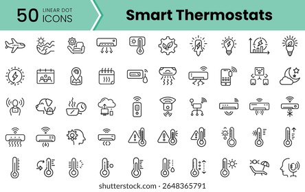 A collection of 50 linear dot icons representing smart thermostats, featuring various designs that illustrate temperature control and home automation.