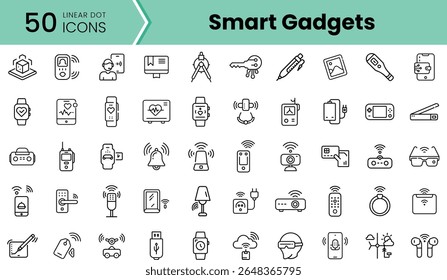 Uma coleção de 50 ícones de ponto linear representando vários gadgets inteligentes, mostrando diversas inovações tecnológicas em um design minimalista.