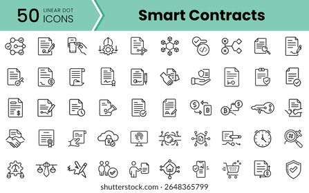 Una colección de 50 íconos de puntos lineales que representan contratos inteligentes, con varios símbolos relacionados con blockchain, como documentos, claves y nodos de conexión.