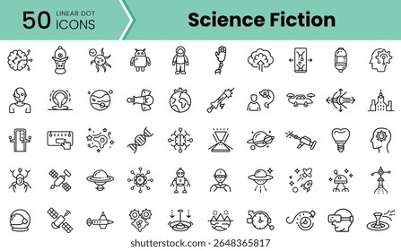 A collection of 50 linear dot icons featuring various science fiction themes, including robots, space elements, and futuristic technology, set on a vibrant background.