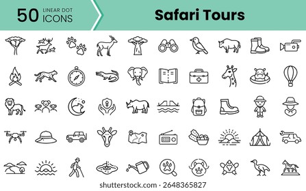 A collection of 50 linear dot icons representing various safari tour elements, including wildlife, exploration gear, and outdoor activities, ideal for travel enthusiasts.