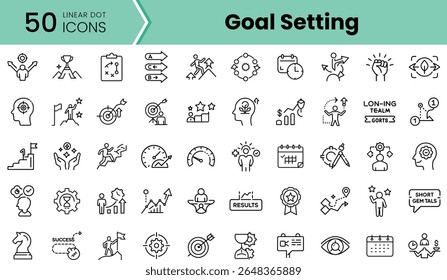 A collection of 50 linear dot icons representing goal setting, featuring diverse icons such as charts, targets, teamwork, and success symbols in a minimalist style.